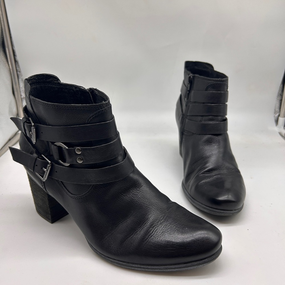 Josef Seibel Womens Black Leather Buckle Ankle Boots Block Heel EU 41 65803
